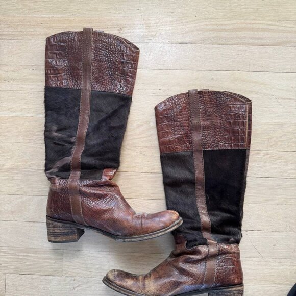 Brown and black leather knee-high boots with hide #kneehighboots size 40 - Picture 2 of 6